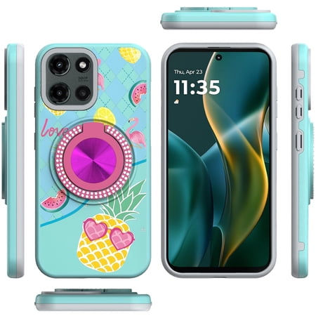 For Motorola Moto G Power 5G 2025 Case, Pattern Design Hybrid with Invisible Ring Stand & Magnetic Back, Shockproof Protective Grip Phone Cover (Pineapple Love Vibe)