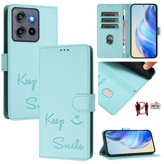 for Motorola Moto G Power 5G 2025 Case Wallet with RFID Blocking Card Holder, Shoulder Strap & Wrist Strap, Smile Pattern PU Leather Magnetic Clasp Case for Motorola Moto G Power 5G 2025, Mint