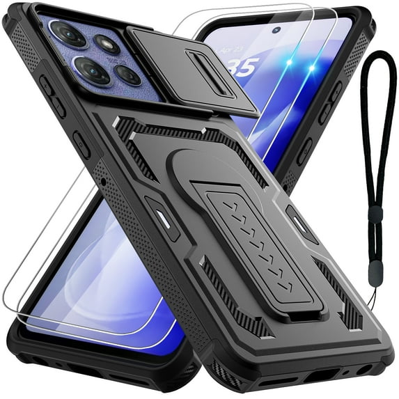 For Motorola Moto G Power 5G 2025/Moto G Play 5G 2025 Case with 2 Pack Screen Protector, Upgrade Slide Camera Cover & Kickstand, Lanyard Strap,Heavy Duty Military Phone Case