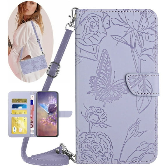 for Motorola Moto G Power 5G (2025) Phone Case Wallet,Crossbody Strap & Short Lanyard Flip Cover with Credit Card Holders RFID Blocking Butterfly Embossed PU Leather Stand Protective Case,Lightpurple