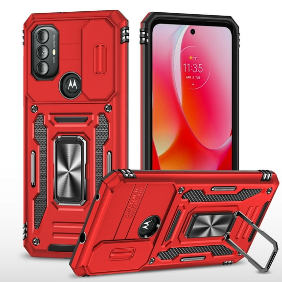 Motorola Moto G Pure Case with Lens Protection,Ring Holder Cover with Camera Cover & Kickstand Military Grade Shockproof Heavy Duty Protective Support Magnetic Car Mount Holder,Red