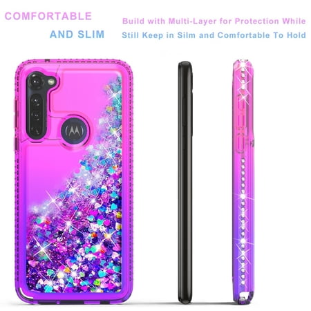 Motorola Moto G Stylus 2020 Phone Case, Liquid Floating Glitter Quicksand Bling with Spot Diamond Cover - Pink/Purple