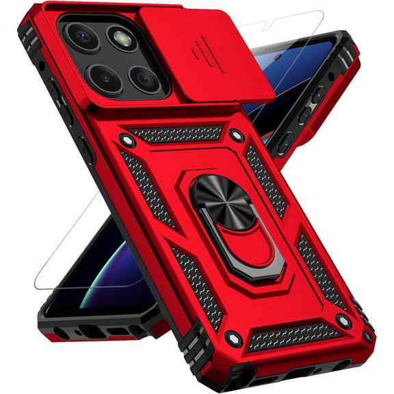 for Motorola Moto G Stylus 2025 Case with Slide Camera Cover HD Screen Protector [Military Grade 16ft. Drop Tested] Magnetic Ring Holder Kickstand Protective Phone Case for Moto G Stylus 2025, Red