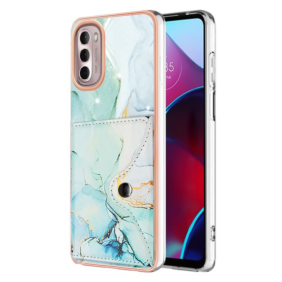 For Motorola Moto G Stylus 4G 2022 Marble Patterned Case with Card Holder, Back Folio Kickstand PU Leather + Soft Crystal Bumper Edge, Magnetic Clasp Back Cover,Green