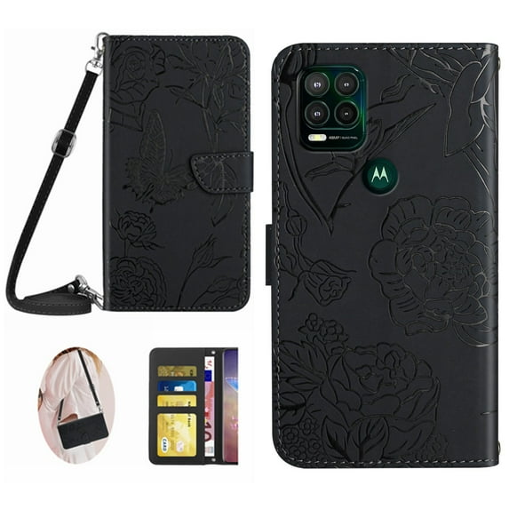 for Motorola Moto G Stylus 5G 2021 Case Wallet,Crossbody Strap Women Flip Folio Cover with Card Holders Butterfly Embossed Premium PU Leather Kickstand Wrist Strap Magnetic Closure Case,Black