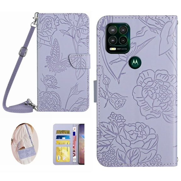 for Motorola Moto G Stylus 5G 2021 Case Wallet,Crossbody Strap Women Flip Folio Cover with Card Holders Butterfly Embossed Premium PU Leather Kickstand Wrist Strap Magnetic Closure Case,Lightpurple