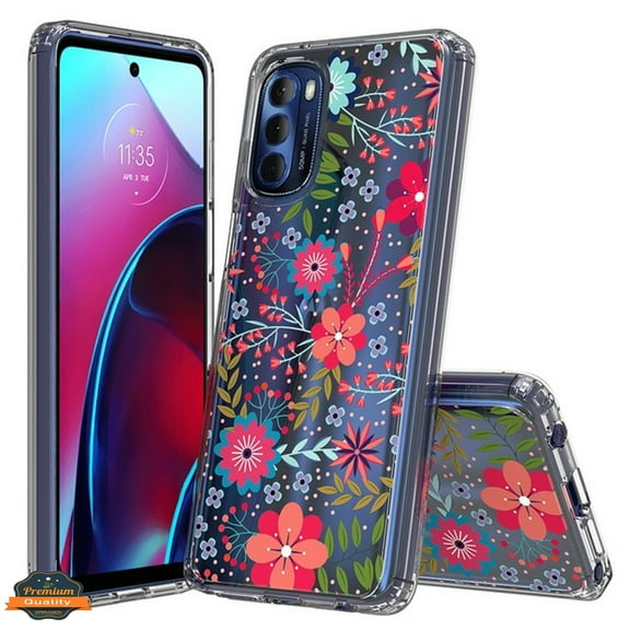 For Motorola Moto G Stylus 5G 2022 Floral Patterns Design Transparent Silicone Shock Absorption Bumper Hard PC Back Phone Case Cover by Xpression - Red Blooms Blossom