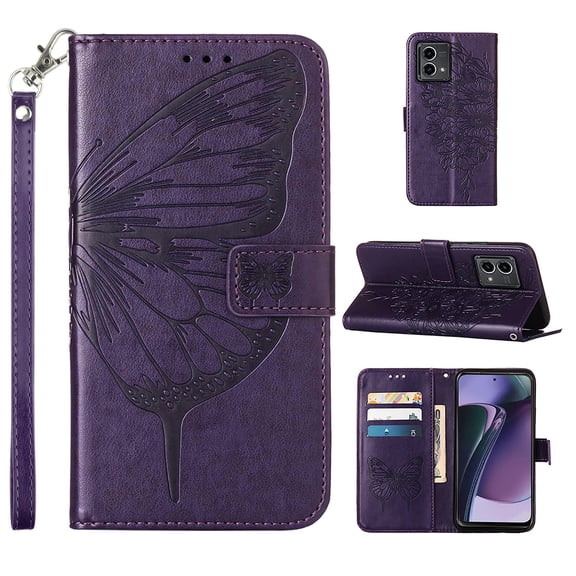 Motorola Moto G Stylus 5G (2023) Case, Magnetic Folio Butterfly Embossed Patterned Wallet Case, Premium PU Leather with Wrist Strap Credit Card Holder Slots Kickstand Shockproof Cover, Purple