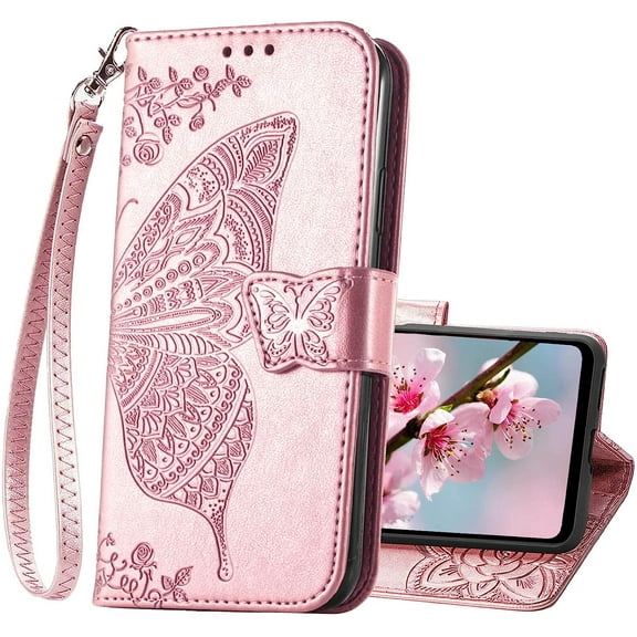 for Motorola Moto G Stylus 5G 2023 Case Wallet,Women Flip Cover with Butterfly Emboss PU Leather Stand Card Slots Wrist Strap Protective Phone Case for Moto G Stylus 5G 2023 (Rose Gold)