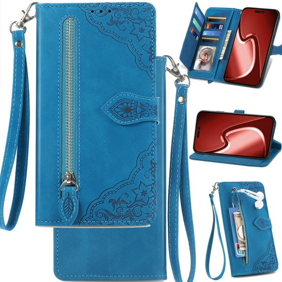 for Motorola Moto G Stylus 5G (2023) Phone Wallet Case Zipper Pocket, Floral Matte Leather Folio Flip Cover Kickstand, Multi Card Holder Cash Slot Photo Frame, Leaf Magnetic Buckle, Wrist Lanyard