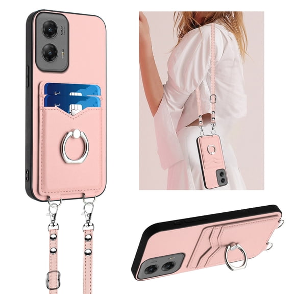 for Motorola Moto G Stylus 5G 2024 PU Leather Phone Case, Classic Shoulder Strap Card Slots Shockproof Protective Ring Bracket Anti-scratch Ultra Slim Back Case for Moto G Stylus 5G 2024 - Rosegold