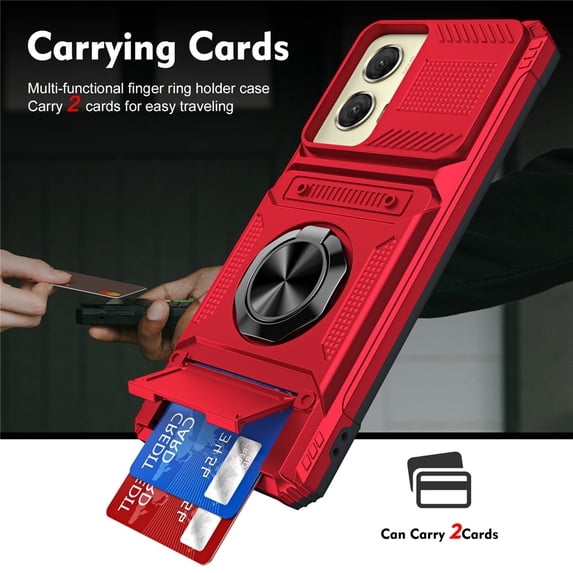 For Motorola Moto G Stylus 5G 2024 Phone Case with Finger Ring Holder Kickstand, Card Slots,Heavy Duty Shockproof Rugged Protective Working with Magnetic Car Phone Mount,Red