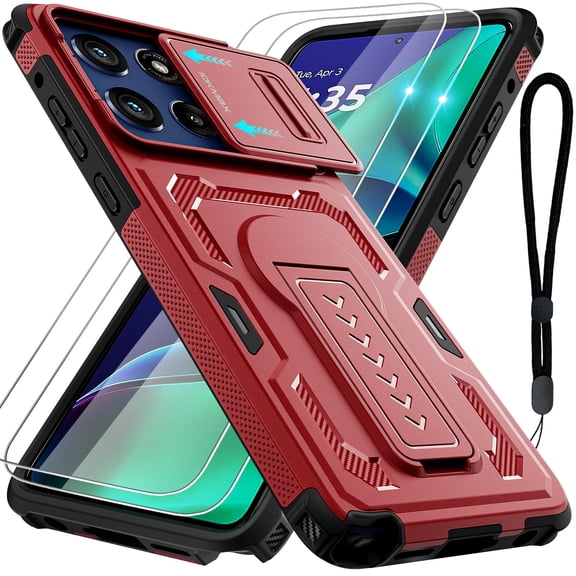 for Motorola Moto G Stylus 5G 2025 Case with 2 Pack Screen Protector, Upgrade Slide Camera Cover & Kickstand, Lanyard Strap, Military Grade Shockproof Heavy Duty Robust Bumper Phone Case, Red