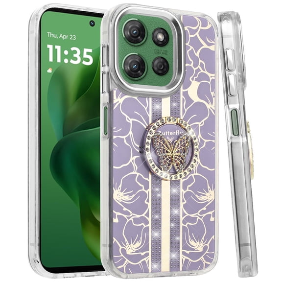 For Motorola Moto G Stylus 5G 2025 Case, Diamonds 3D Butterfly Floral Design Bling Sparkly Glitter Hybrid Metal Fashion with Ring Stand Phone Cover (Purple)
