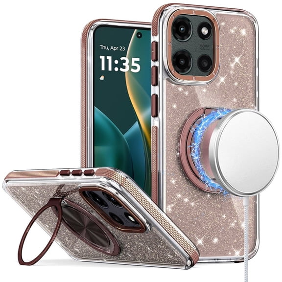 For Motorola Moto G Stylus 5G 2025 Case, Slim Bling Glitter Sparkly Shimmer Hybrid with Magnetic Ring and 360° Rotational Stand [Compatible with Magsafe] Phone Cover (Gold)