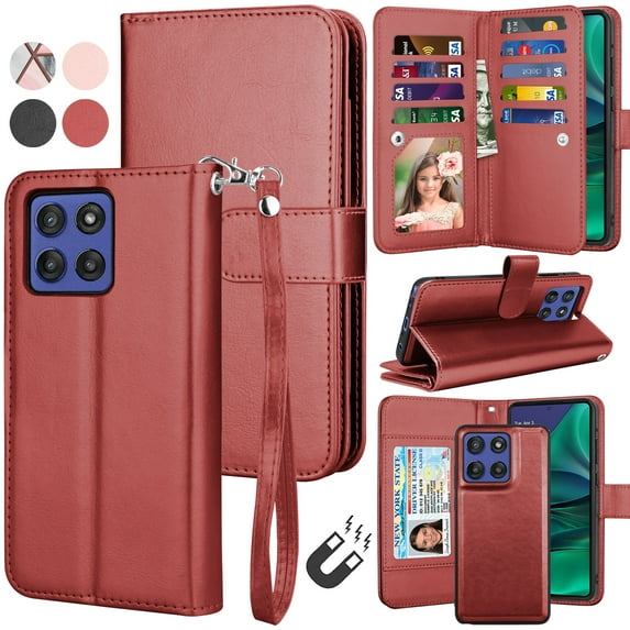 For Motorola Moto G Stylus 5G 2025 Wallet Case with Card Holder and Lanyard for Women Men, Ebizware Magnetic Flip Detachable Leather Cell Phone Case Stand Cover for Moto G Stylus 5G 2025 - Wine Red