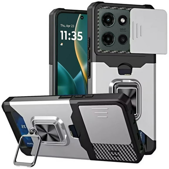 For Motorola Moto G Stylus 5G 2025 Wallet Case with Ring Stand & Slide Camera Cover Back Credit Card Slot Holder, Military Grade Cover, XPM Phone Case [Silver]