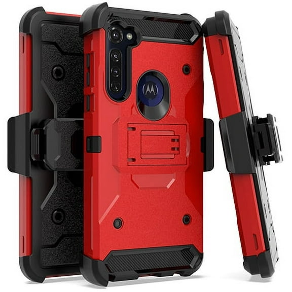 Motorola Moto G Stylus Case, STARSHOP Full Cover Heavy Duty Dual Layers Phone Cover with Kickstand and Locking Belt Clip-Red