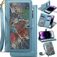 thumbnail image 1 of for Motorola Moto G04/G24 Leather Phone Case Wallet Bag Zipper Pocket, Leaf Floral Fold Flip Cover Kickstand, Magnetic 3-Layers RFID Blocking Card Holder Slot, Hand Lanyard + Shoulder Strap, 1 of 8