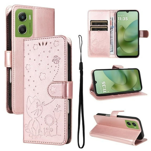 For Motorola Moto G06 4G 6.88" Cat&Bee Patterned Embossed Strong Magnetic Attachment/Closure, Card Slots/Pocket, PU Leather Flip Wallet Case ,Pink,For Motorola Moto G06 4G