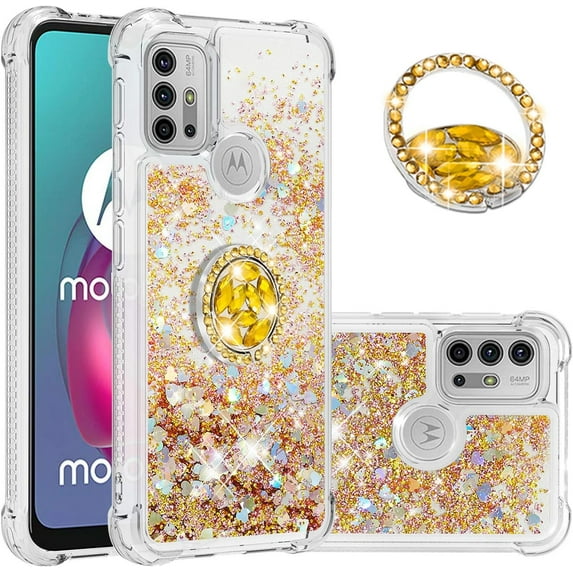 Motorola Moto G10 Case Moto G30 Case with Creativity Clear Quicksand Glitter Flowing Liquid Floating Soft TPU Case w/Stand Bling Diamond Sparkle Phone Cover for Motorola Moto G10 Golden