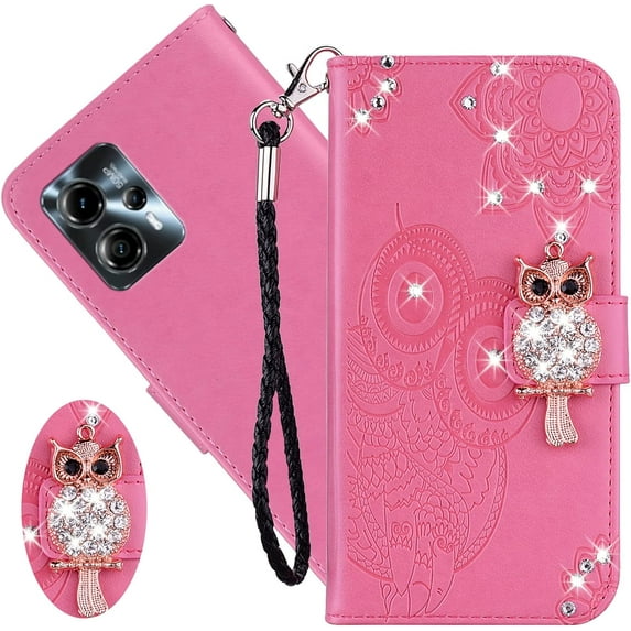 for Motorola Moto G13 Wallet Case for Women, Glitter Bling Diamond PU Leather Folio Cover with Card Slot Wrist Strap Built-in Kickstand Protective Case for Motorola Moto G13/G23/G53 Owl Pink