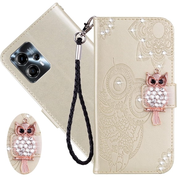 for Motorola Moto G13 Wallet Case for Women, Glitter Bling Diamond PU Leather Folio Cover with Card Slot Wrist Strap Built-in Kickstand Protective Case for Motorola Moto G13/G23/G53 Owl Gold