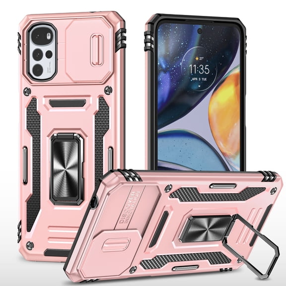 For Motorola Moto G22 2022 6.5", Hybrid Rugged PC Shell 360°Rotating Holder/Kickstand Camera Slide Car Mount Anti-fall Airbags Military-Grade Shockproof Anti-fingerprint Case,Rosegold