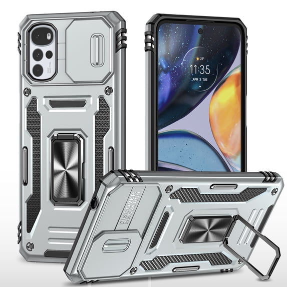 For Motorola Moto G22 2022 6.5", Hybrid Rugged PC Shell 360°Rotating Holder/Kickstand Camera Slide Car Mount Anti-fall Airbags Military-Grade Shockproof Anti-fingerprint Case,Gray