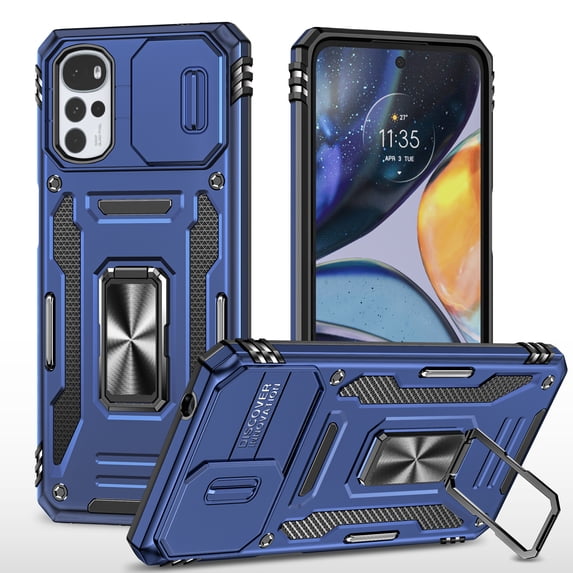 For Motorola Moto G22 2022 6.5", Hybrid Rugged PC Shell 360°Rotating Holder/Kickstand Camera Slide Car Mount Anti-fall Airbags Military-Grade Shockproof Anti-fingerprint Case,Navyblue