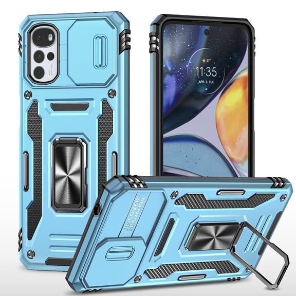 For Motorola Moto G22 2022 6.5", Hybrid Rugged PC Shell 360°Rotating Holder/Kickstand Camera Slide Car Mount Anti-fall Airbags Military-Grade Shockproof Anti-fingerprint Case,Lightblue