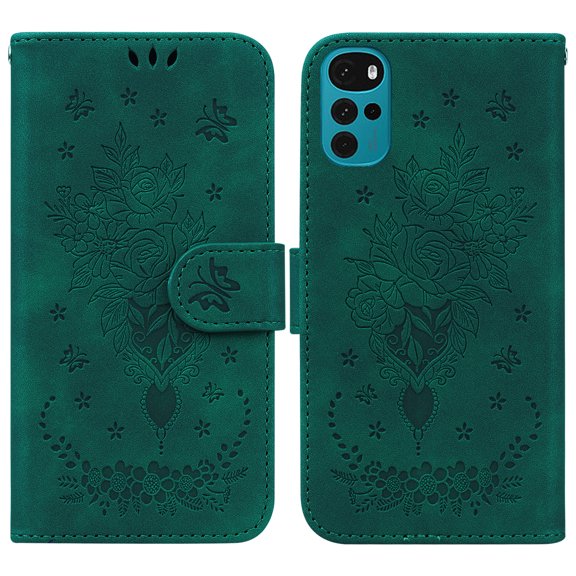 for Motorola Moto G22 Wallet Case with Magnetic Kickstand Card Slots Wrist Strap Cover for Women Girls, PU Leather Shockproof Case for Motorola Moto G22 6.5 Inch,Green