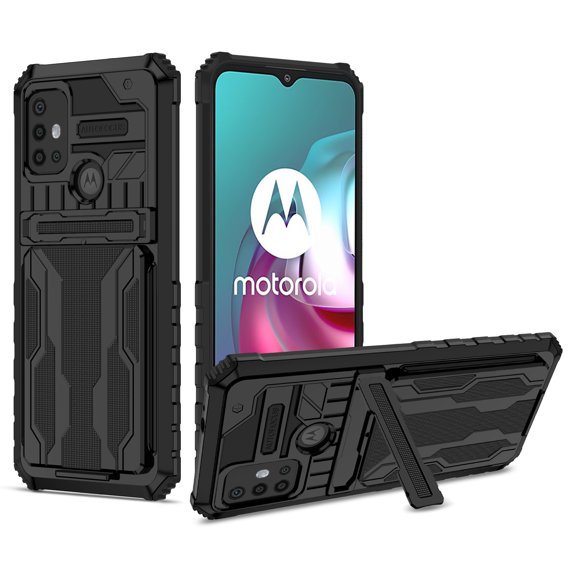 for Motorola Moto G30 6.5 inch Wallet Case, with Credit Card Holder Stand Kickstand Slim Rugged Shockproof Heavy Duty Defender Armor Military Grade Protective Phone Case - Black