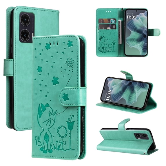For Motorola Moto G35 6.7" Cat&Bee Patterned Embossed Strong Magnetic Attachment/Closure, Card Slots/Pocket, PU Leather Flip Wallet Case ,Green,For Motorola Moto G35