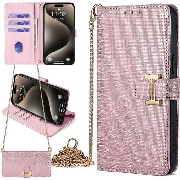 for Motorola Moto G35 Bling Phone Case with Metal Shoulder Strap, Sparkly Shiny Checkered Folio Flip Cover Women Girl, Magnetic Buckle, Card Holder Cash Slot, Stand Support
