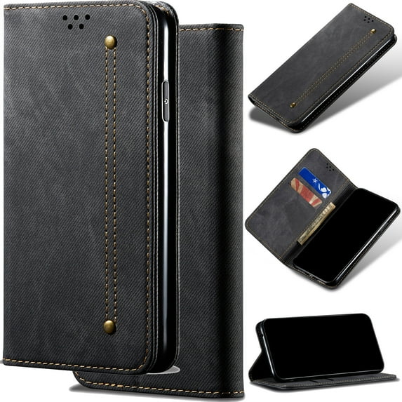 for Motorola Moto G45 Denim Fabric Leather Phone Case, Classic Jeans Style Folio Flip Ultra Thin Slim Magnetic Cover, Multi Hidden Credit Card Holder Cash Slot, Stand Support