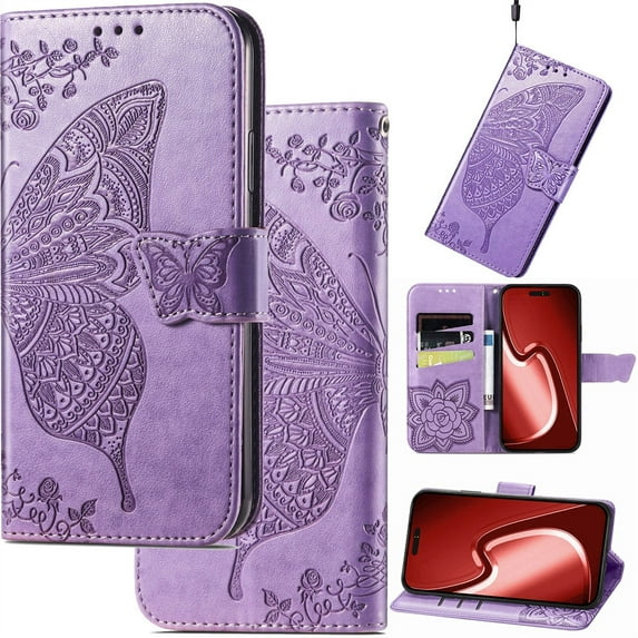 for Motorola Moto G54 Leather Wallet Phone Case, Butterfly Flower Relief Folio Flip Cover, Floral Card Holder Cash Slot, Magnetic Clasp, Stand Support, Wrist Strap Lanyard