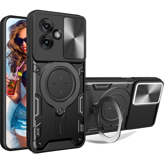 for Motorola Moto G55 6.49" Case with Magnetic Ring Kickstand, Rugged Military Grade Shockproof Heavy Duty Case with Slide Camera Lens Cover for Motorola Moto G55 JS-Black