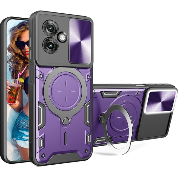 for Motorola Moto G55 6.49" Case with Magnetic Ring Kickstand, Rugged Military Grade Shockproof Heavy Duty Case with Slide Camera Lens Cover for Motorola Moto G55 JS-Purple