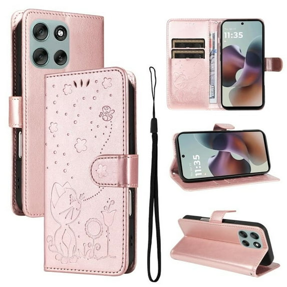 For Motorola Moto G56 5G 6.72" Cat&Bee Patterned Embossed Strong Magnetic Attachment/Closure, Card Slots/Pocket, PU Leather Flip Wallet Case ,Pink,For Motorola Moto G56 5G