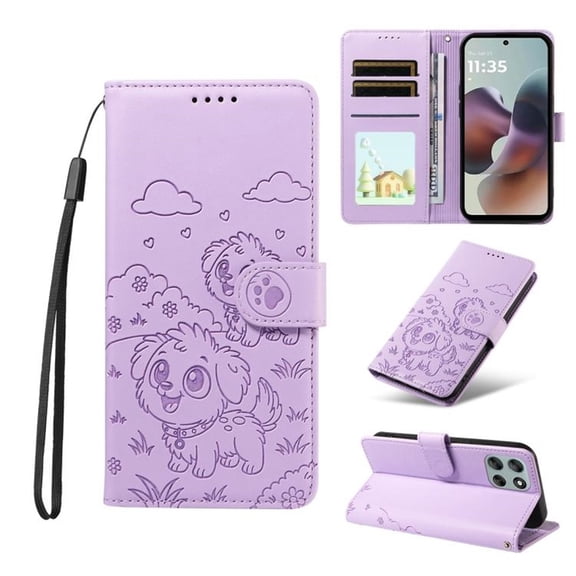 For Motorola Moto G56 5G Dog Embossing Leather Phone Case with RFID Blocking Card Slot Wallet Magnetic Clasp Lanyard Flip Stand Case,Purple,For Motorola Moto G56 5G