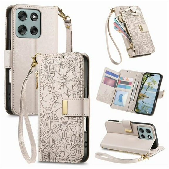 For Motorola Moto G56 5G Wallet Case with Card,PU Leather Phone Case Flip Protective Cover Wrist Strap Zipper Credit Card Slots Magnetic Snap Protective Cover,khaki,For Motorola Moto G56 5G