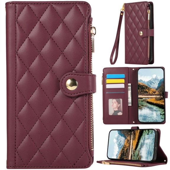 for Motorola Moto G56 Leather Phone Case Wallet Zipper Purse Lady Classic Diamond Quilted Folio Flip Cover Kickstand, Card Holder Cash Slot, Magnetic Closure, Hand Wrist Strap