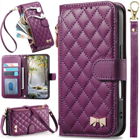 for Motorola Moto G56 Leather Phone Case Zipper Wallet Classic Diamond Quilted Stitched, Card Slot Cash Holder, Magnetic Clasp, Golden Bow Tie, Shoulder Wrist Strap