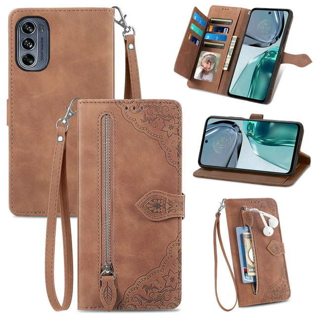 for Motorola Moto G62 5G Wallet Case, [Flower Embossed] Premium PU Leather Wallet Flip Protective Phone Case Cover with Card Slots and Stand with Wrist Strap for Motorola Moto G62 5G,Brown