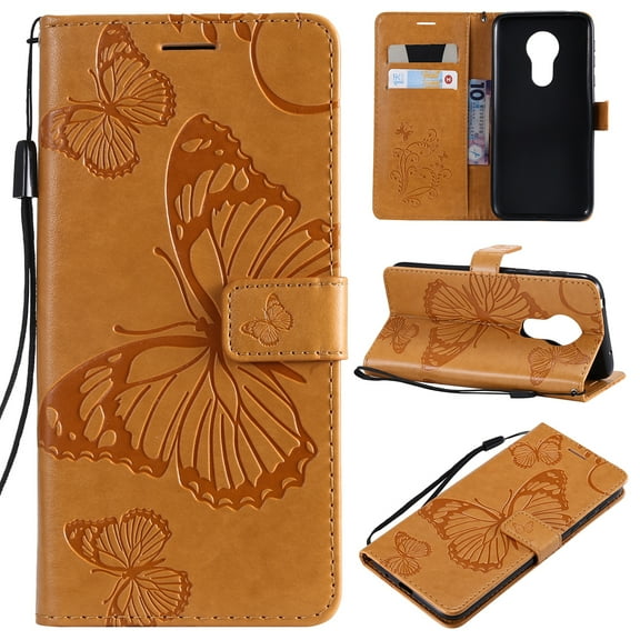 Motorola Moto G7 Power Wallet Case, Dteck Slim Embossed Butterfly PU Leather Flip Folio Stand Case Cover with Hand Strap For Moto G7 Power, Built-in 2 Card Slots/Money Pocket, Yellow