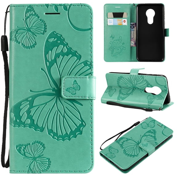 Motorola Moto G7 Power Wallet Case, Dteck Slim Embossed Butterfly PU Leather Flip Folio Stand Case Cover with Hand Strap For Moto G7 Power, Built-in 2 Card Slots/Money Pocket, Green