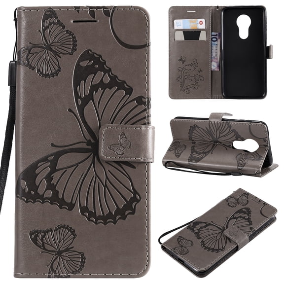 Motorola Moto G7 Power Wallet Case, Dteck Slim Embossed Butterfly PU Leather Flip Folio Stand Case Cover with Hand Strap For Moto G7 Power, Built-in 2 Card Slots/Money Pocket, Gray
