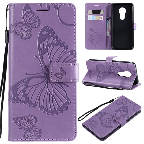 Motorola Moto G7 Power Wallet Case, Dteck Slim Embossed Butterfly PU Leather Flip Folio Stand Case Cover with Hand Strap For Moto G7 Power, Built-in 2 Card Slots/Money Pocket, Purple