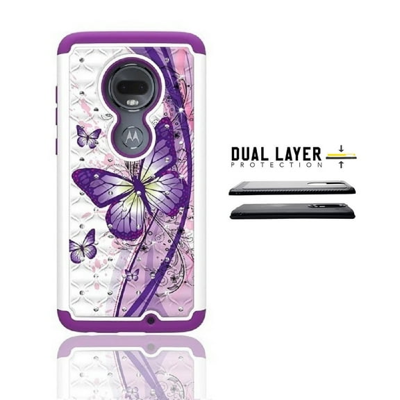 For Motorola Moto G7 XT 1962-4 / Moto G7 Plus XT1965-2 Case, Studded Rhinestone Crystal Bling Shockproof Cover Case (White- purple butterfly)